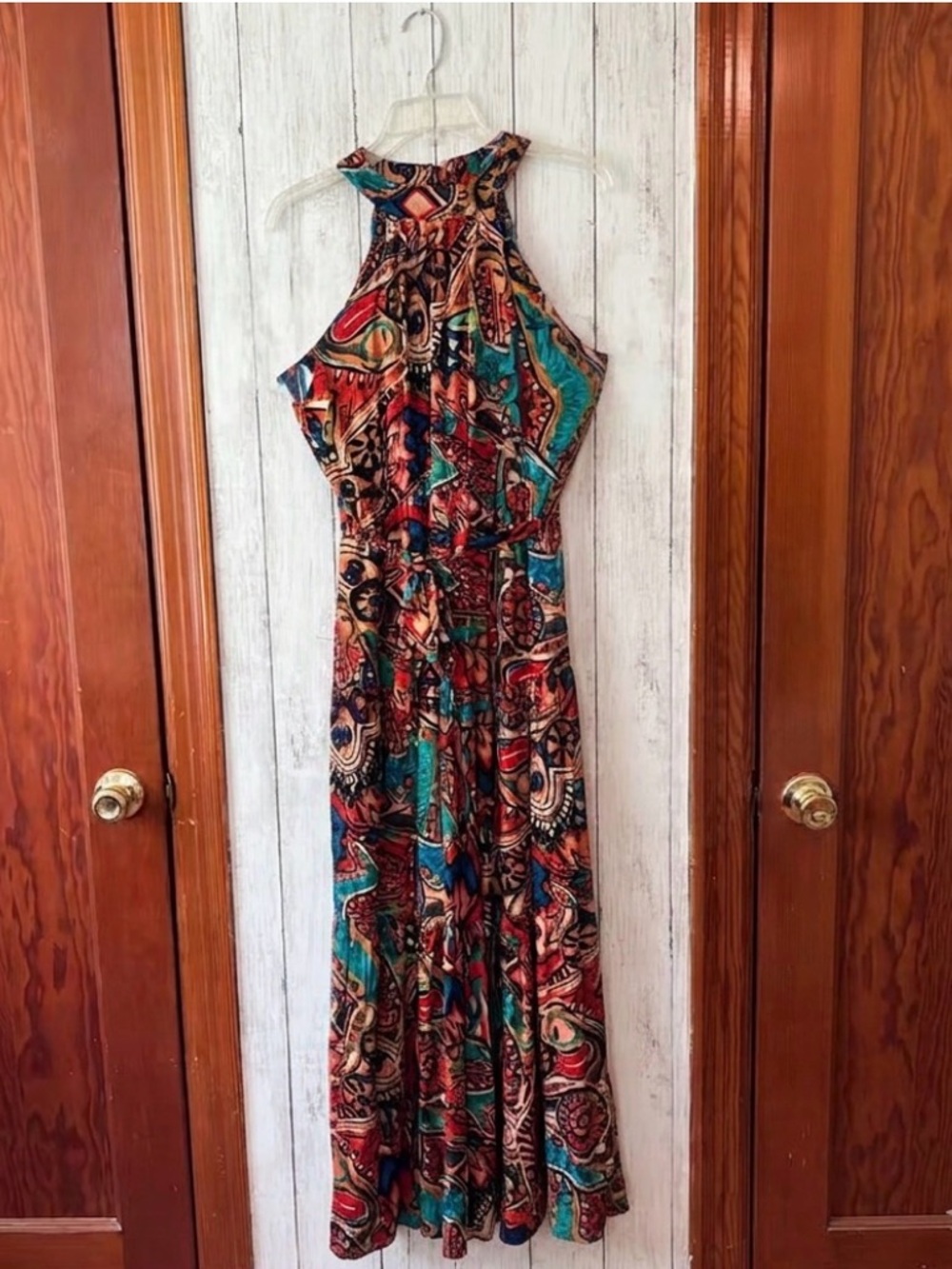 Bohemian Sleeveless Halter Maxi Dress in Teal & Red Multi-Print